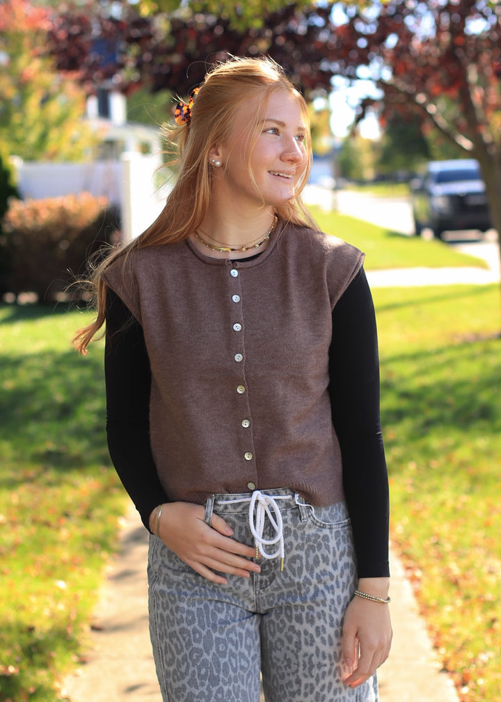 Ash Brown Rolled Edge Button Front Sweater Vest