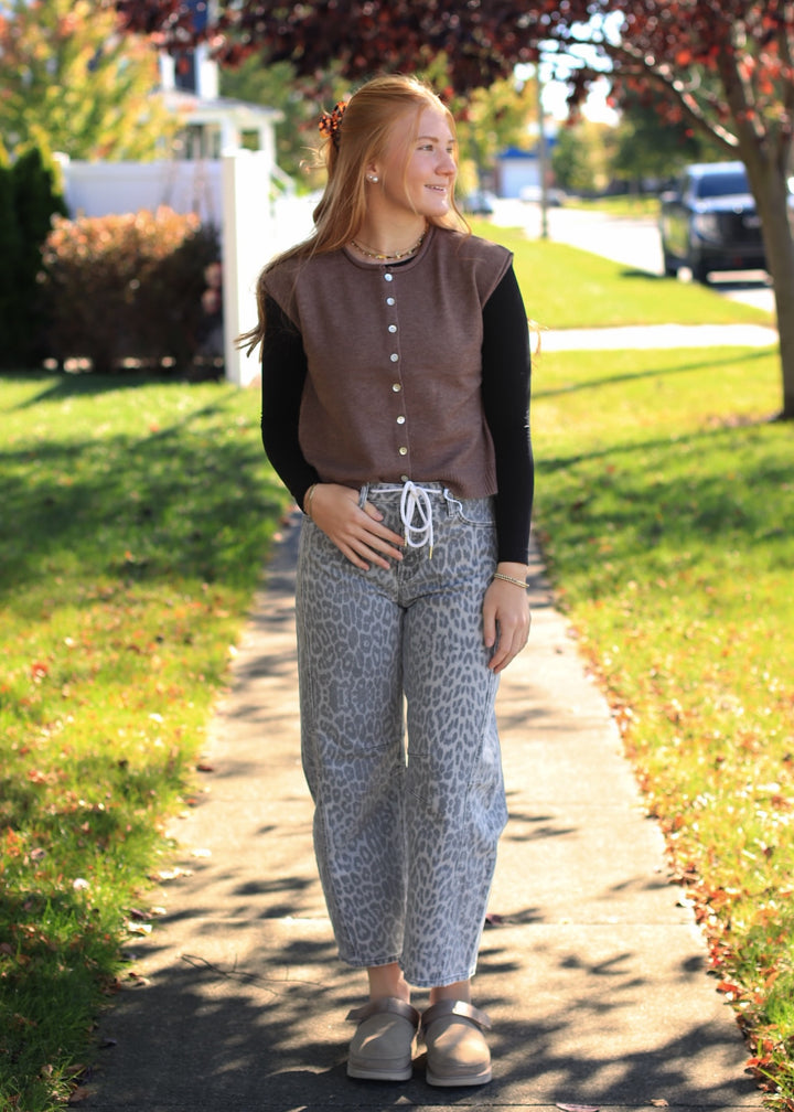 Ash Brown Rolled Edge Button Front Sweater Vest