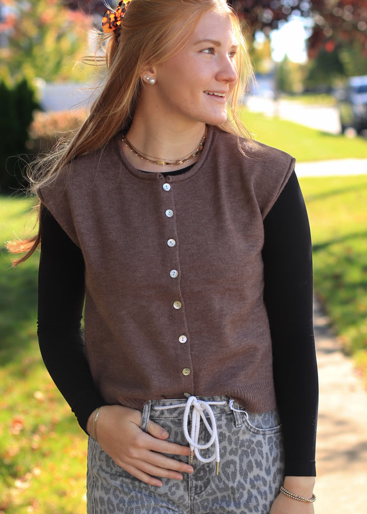Ash Brown Rolled Edge Button Front Sweater Vest