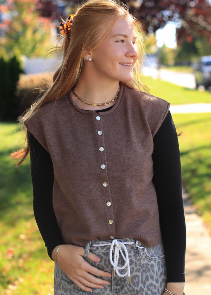 Ash Brown Rolled Edge Button Front Sweater Vest