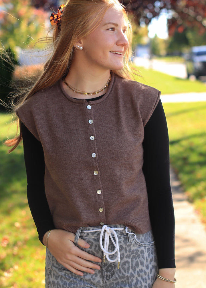 Ash Brown Rolled Edge Button Front Sweater Vest