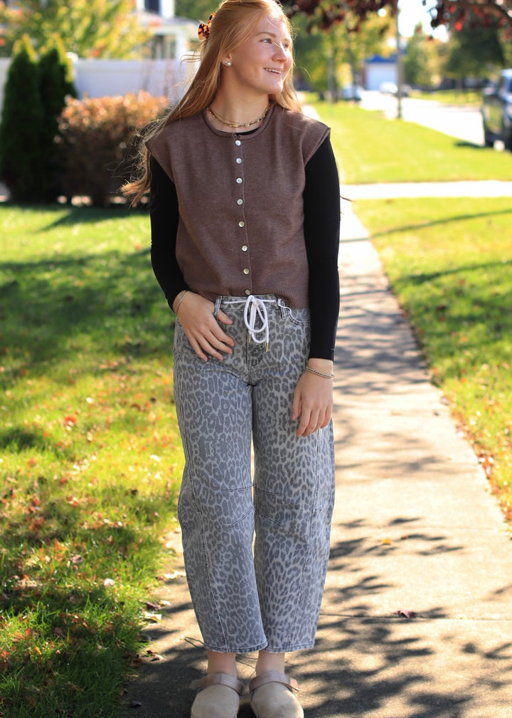 Ash Brown Rolled Edge Button Front Sweater Vest