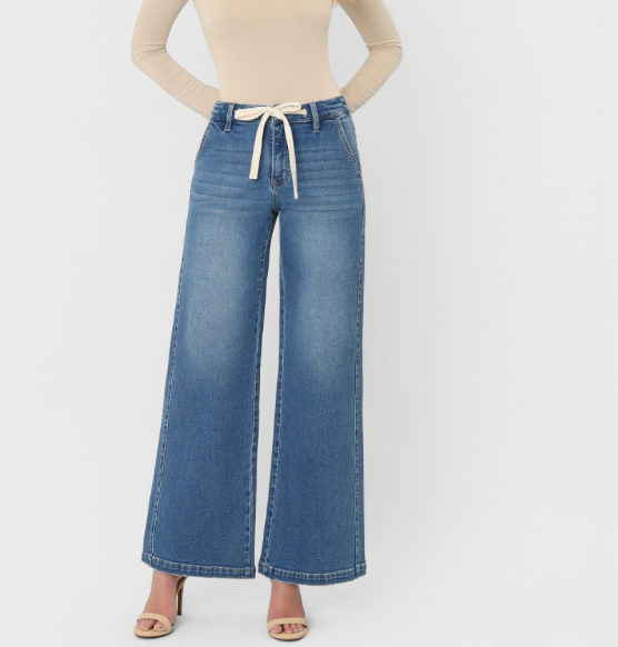 Lady Bird High Rise Waist Tie Twist Wide Jeans