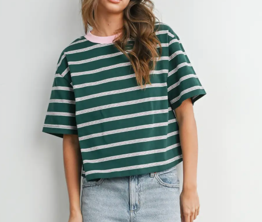 The Cape Cod Striped Boxy Tee Green/Pink