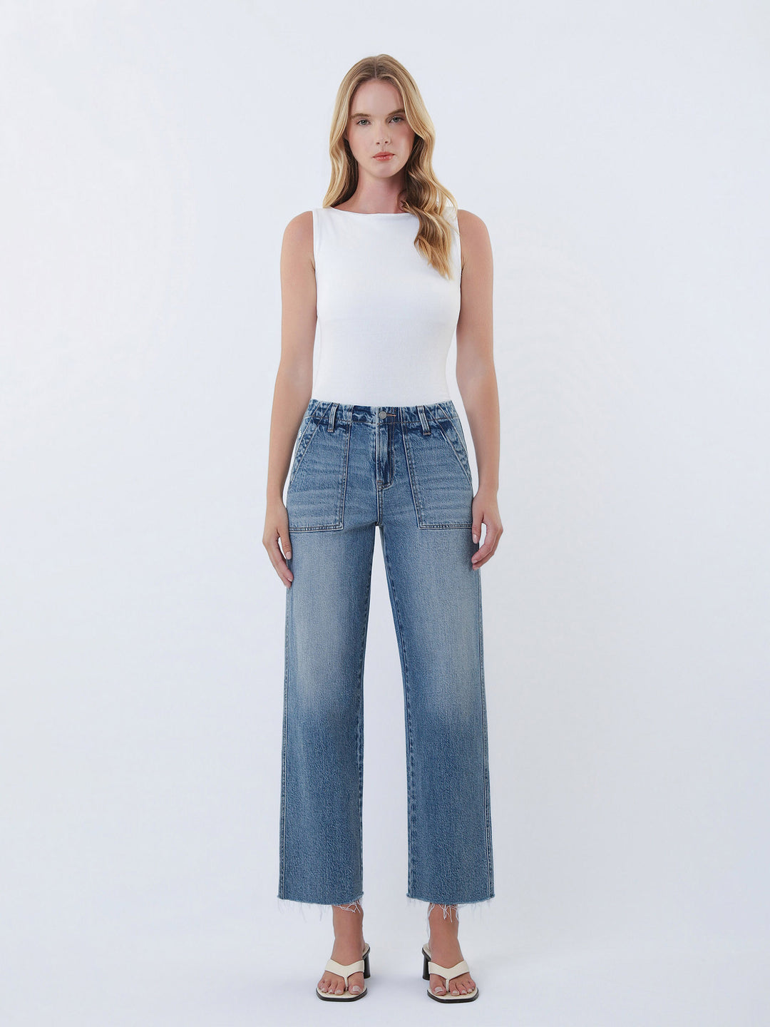 Collie High Rise Distressed Patch Pocket Slim Wide Jeans