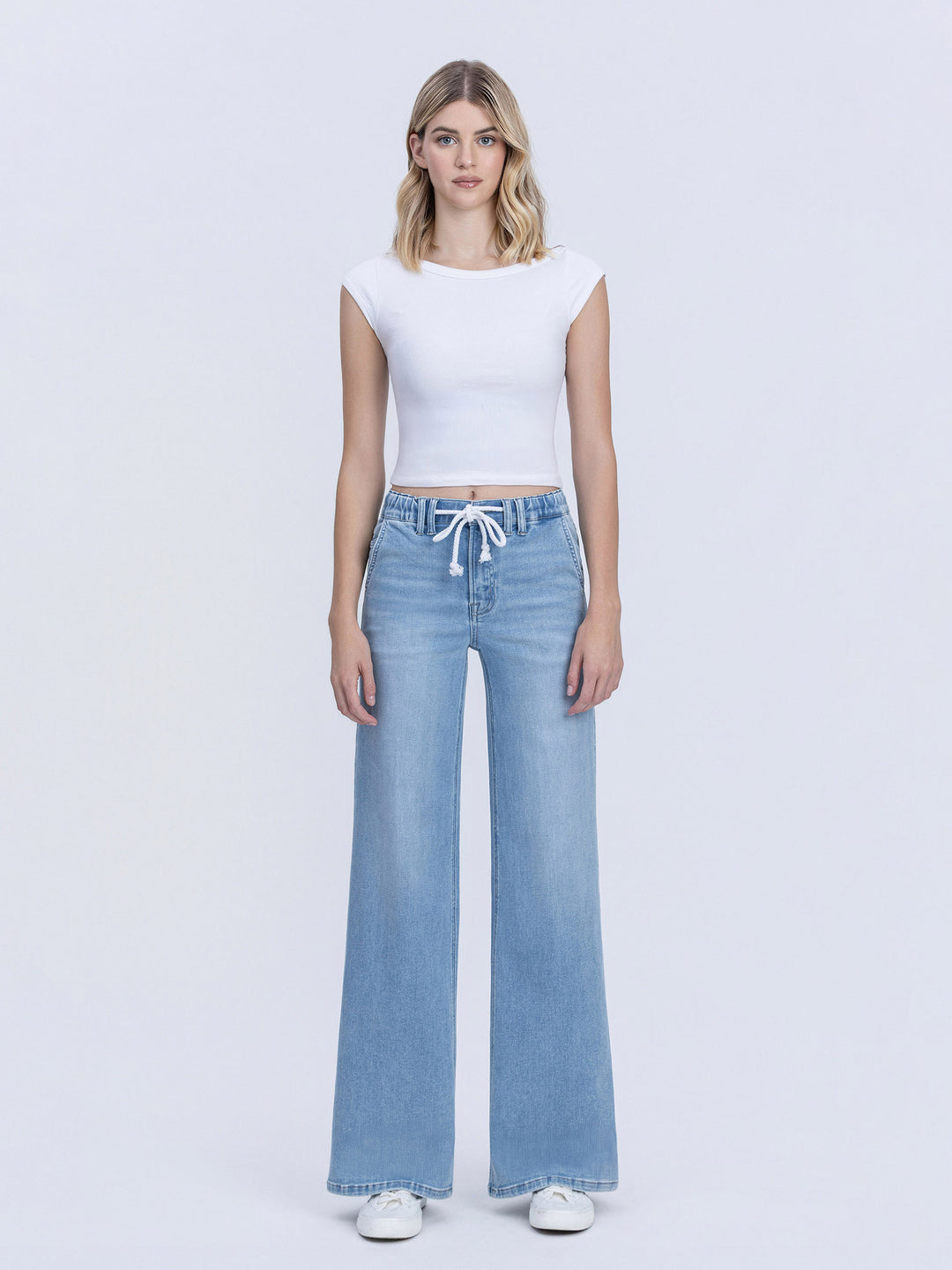 High Rise Elastic Waist Drawstring Wide Leg Jeans
