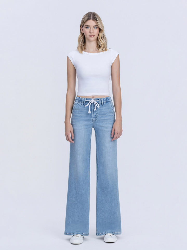 High Rise Elastic Waist Drawstring Wide Leg Jeans