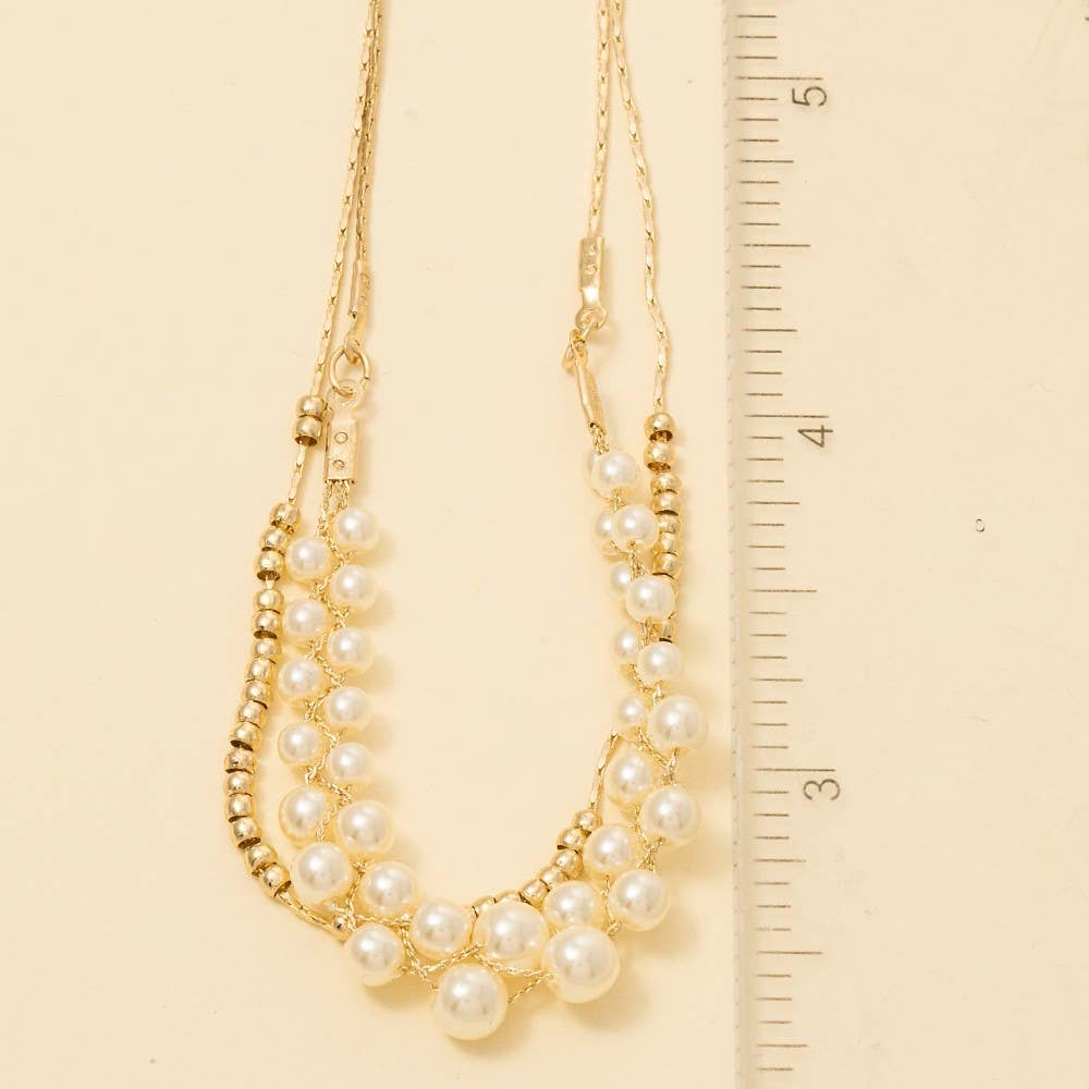 Pearl And Metallic Beaded Accent Layered Chain Necklace