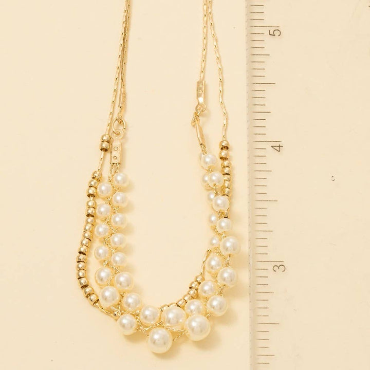 Pearl And Metallic Beaded Accent Layered Chain Necklace