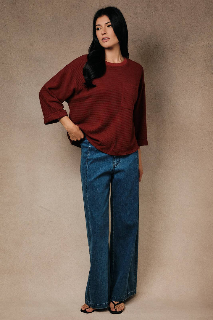 Round Neck 3/4 Cuffed Sleeve Pocket Ribbed Knit Top