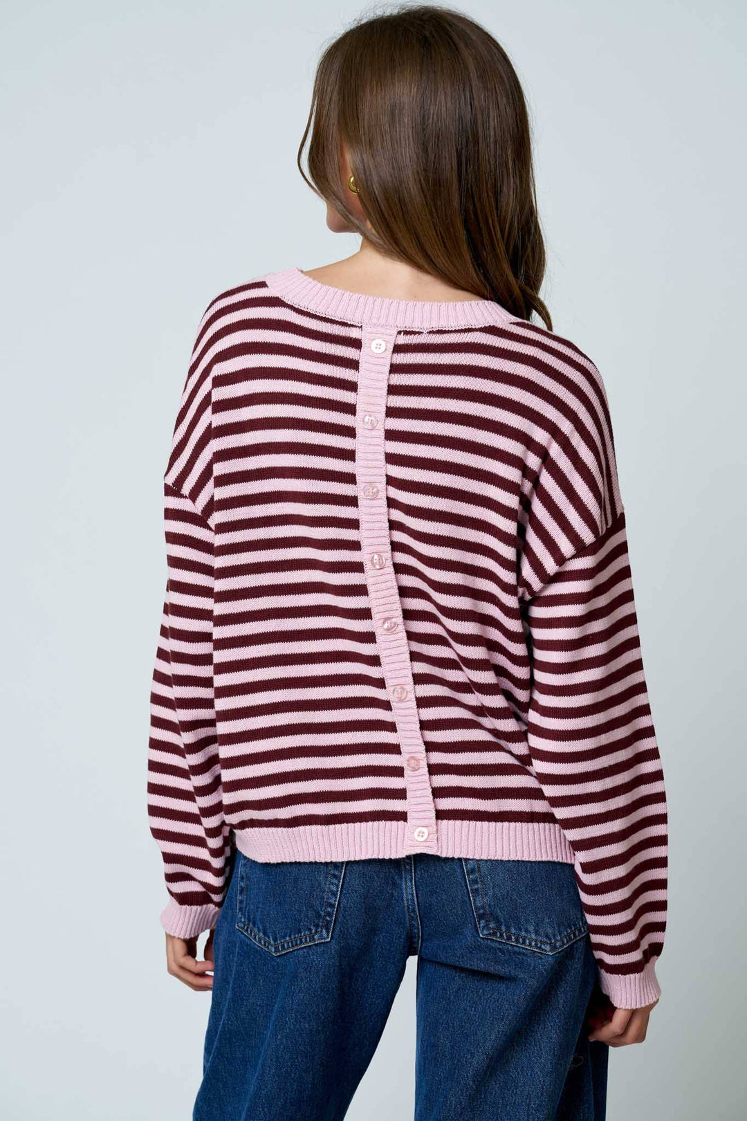 Oatmeal &amp; Brown Stripe Back Button Sweater