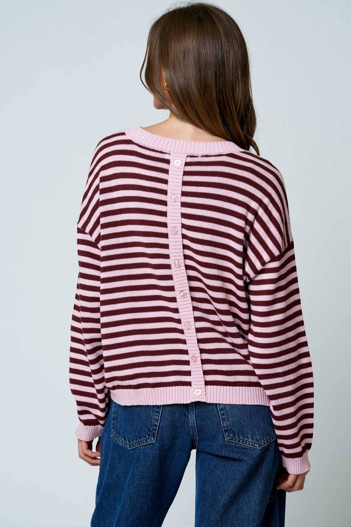 Oatmeal &amp; Brown Stripe Back Button Sweater
