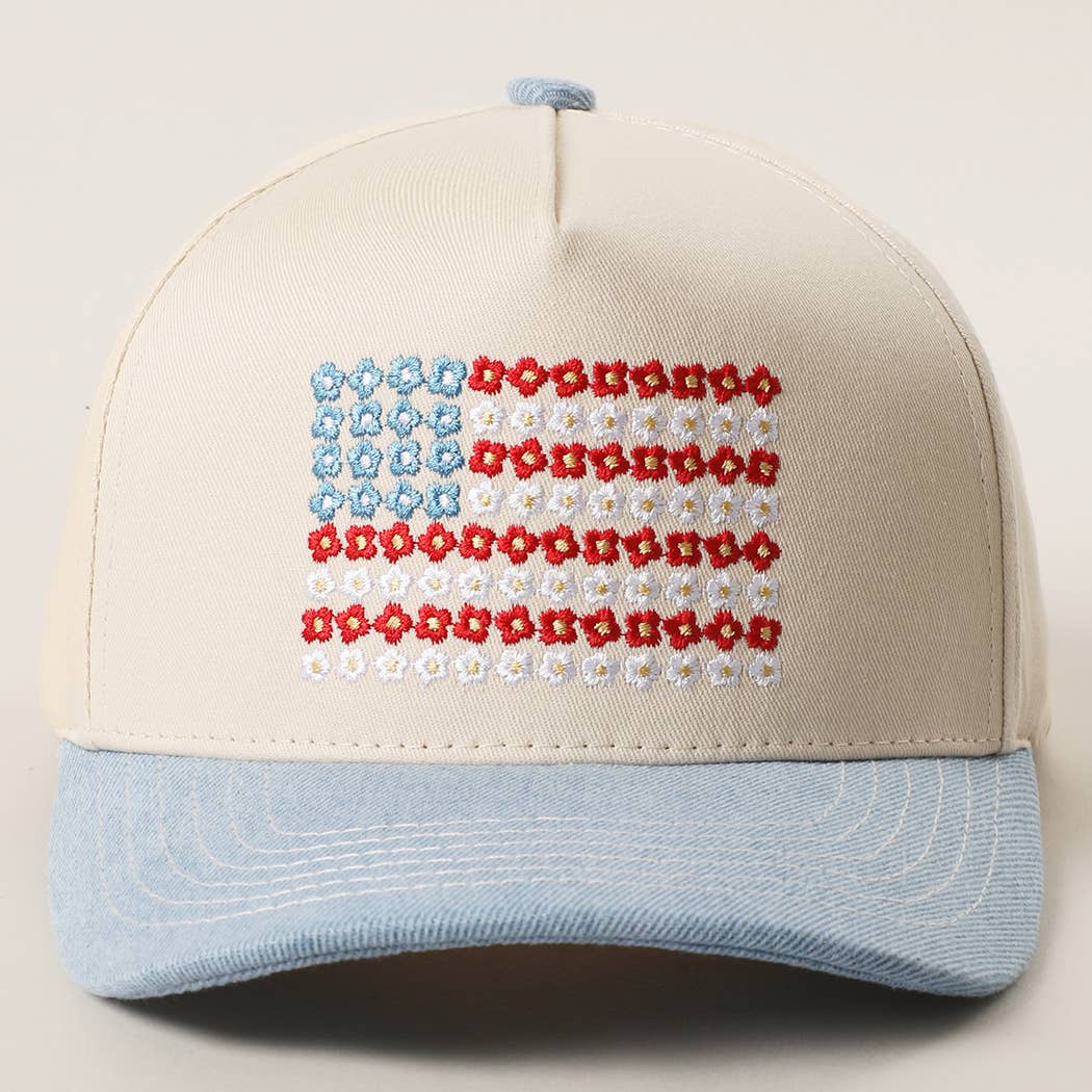 Floral American Flag Embroidered Two-Tone Denim Trucker Hat