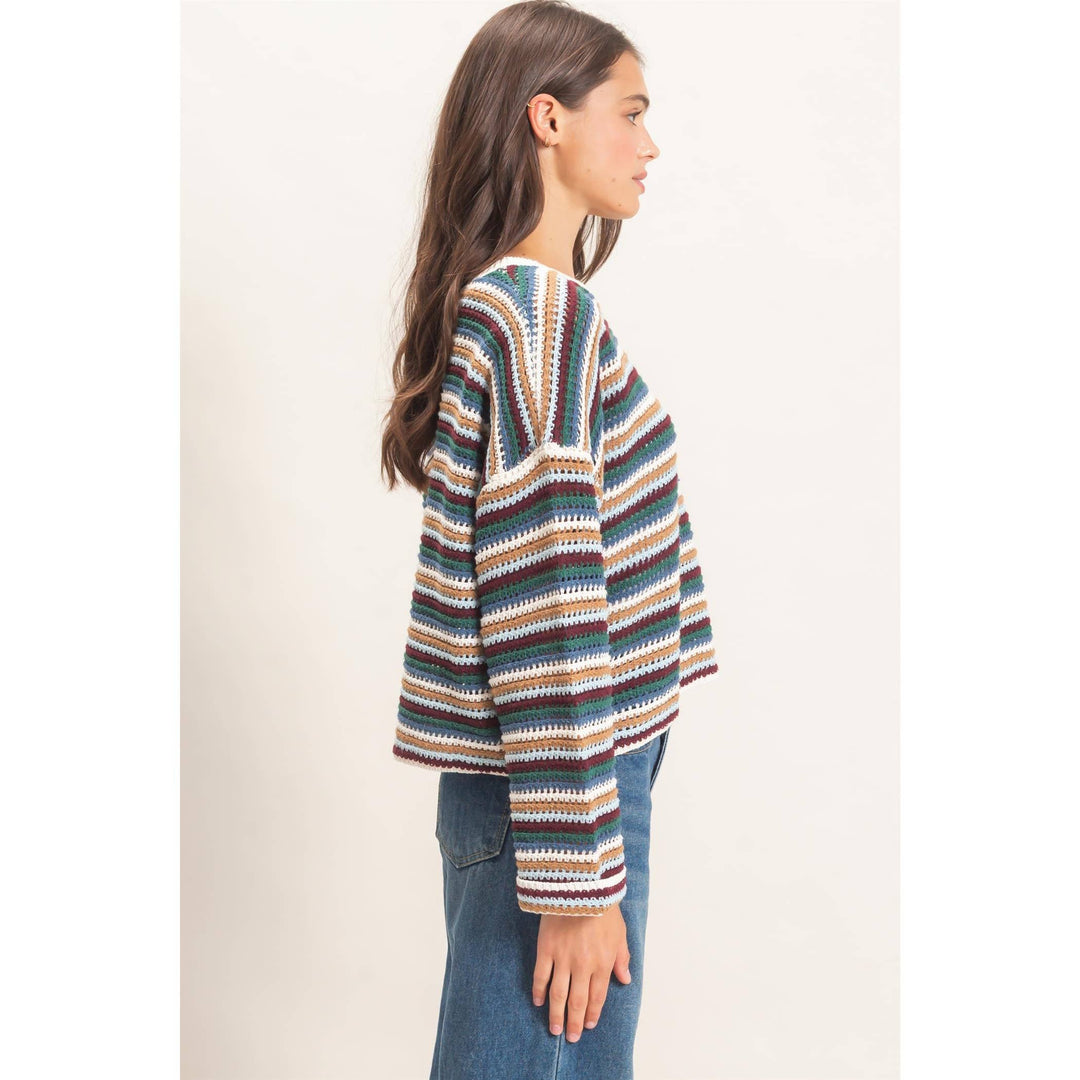 Ecru Combo Striped Boat Neck Sweater