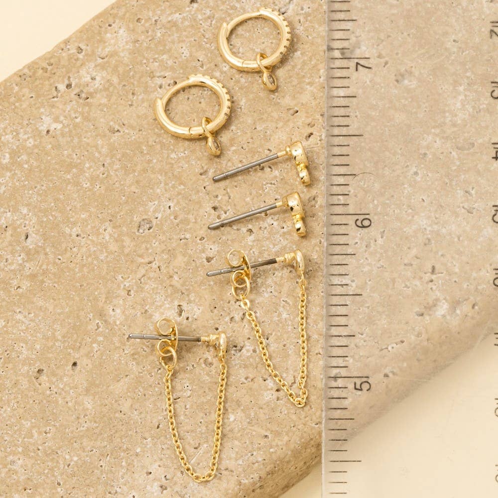 Gold Dipped Mixed Cz Hoop And Stud Earrings Set