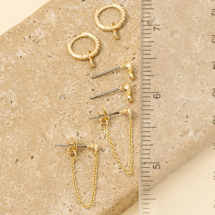 Gold Dipped Mixed Cz Hoop And Stud Earrings Set