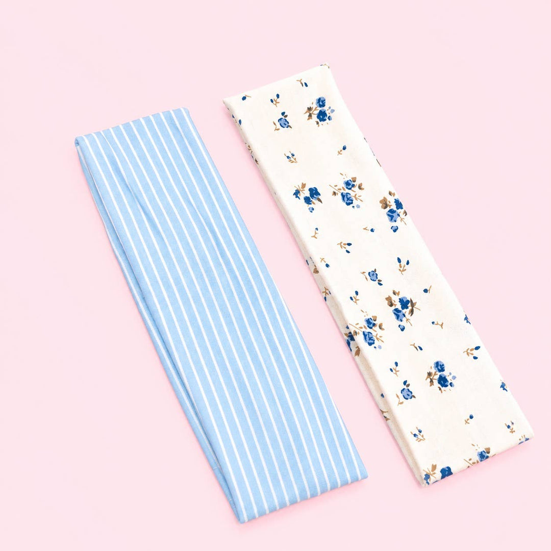Blue Stripe &amp; Vintage Floral Printed Headband Set