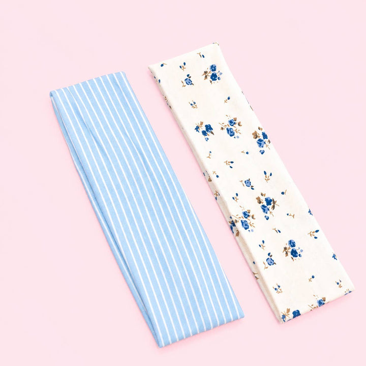 Blue Stripe &amp; Vintage Floral Printed Headband Set