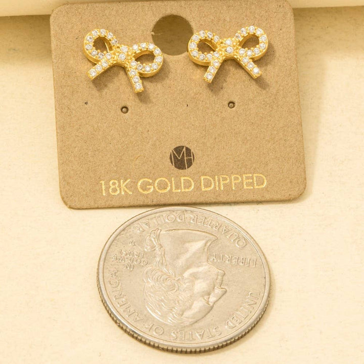 Gold Dipped Cz Pave Ribbon Bow Stud Earrings