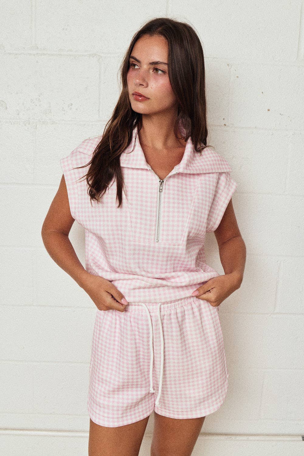 Gingham Zip Up Top in Yellow