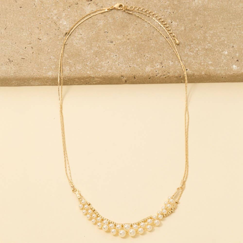 Pearl And Metallic Beaded Accent Layered Chain Necklace