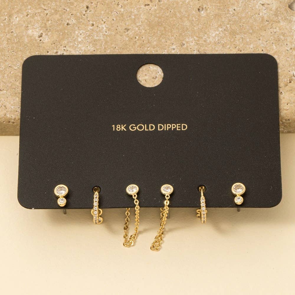 Gold Dipped Mixed Cz Hoop And Stud Earrings Set
