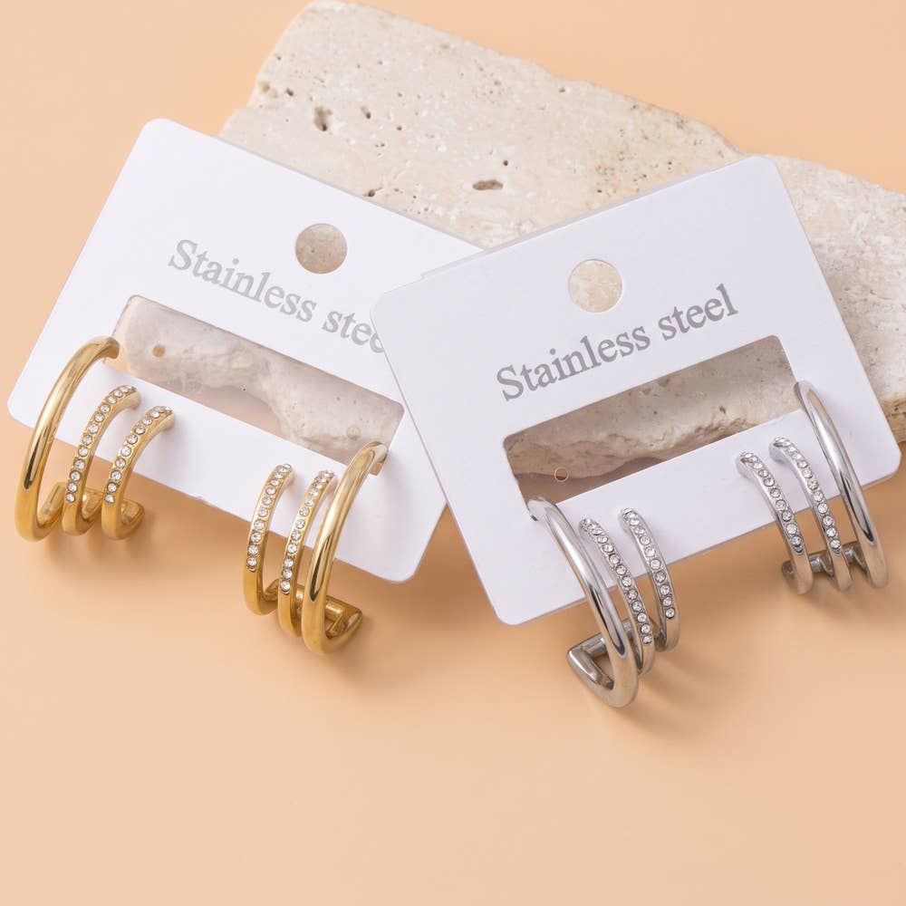 Stainless Steel Triple Band Cz Open Hoop Earrings