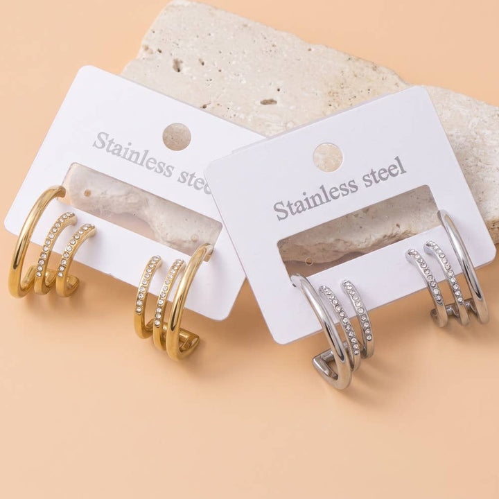 Stainless Steel Triple Band Cz Open Hoop Earrings
