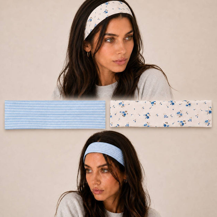 Blue Stripe &amp; Vintage Floral Printed Headband Set