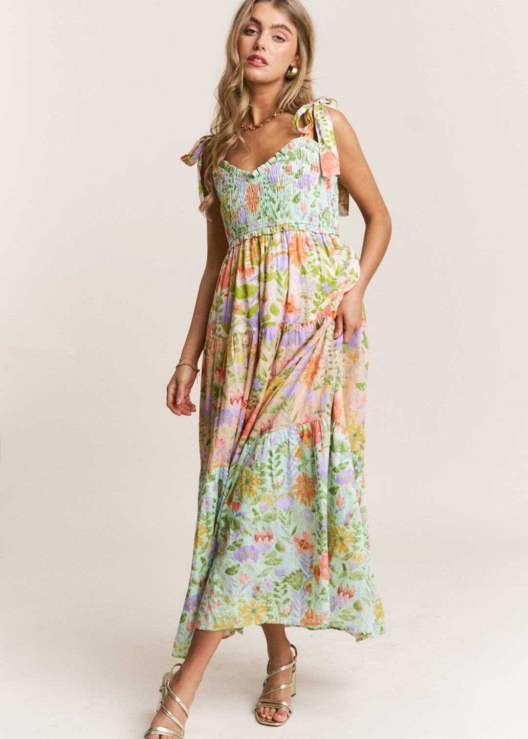 Smocked V-neck Tiered Multi Print Dress