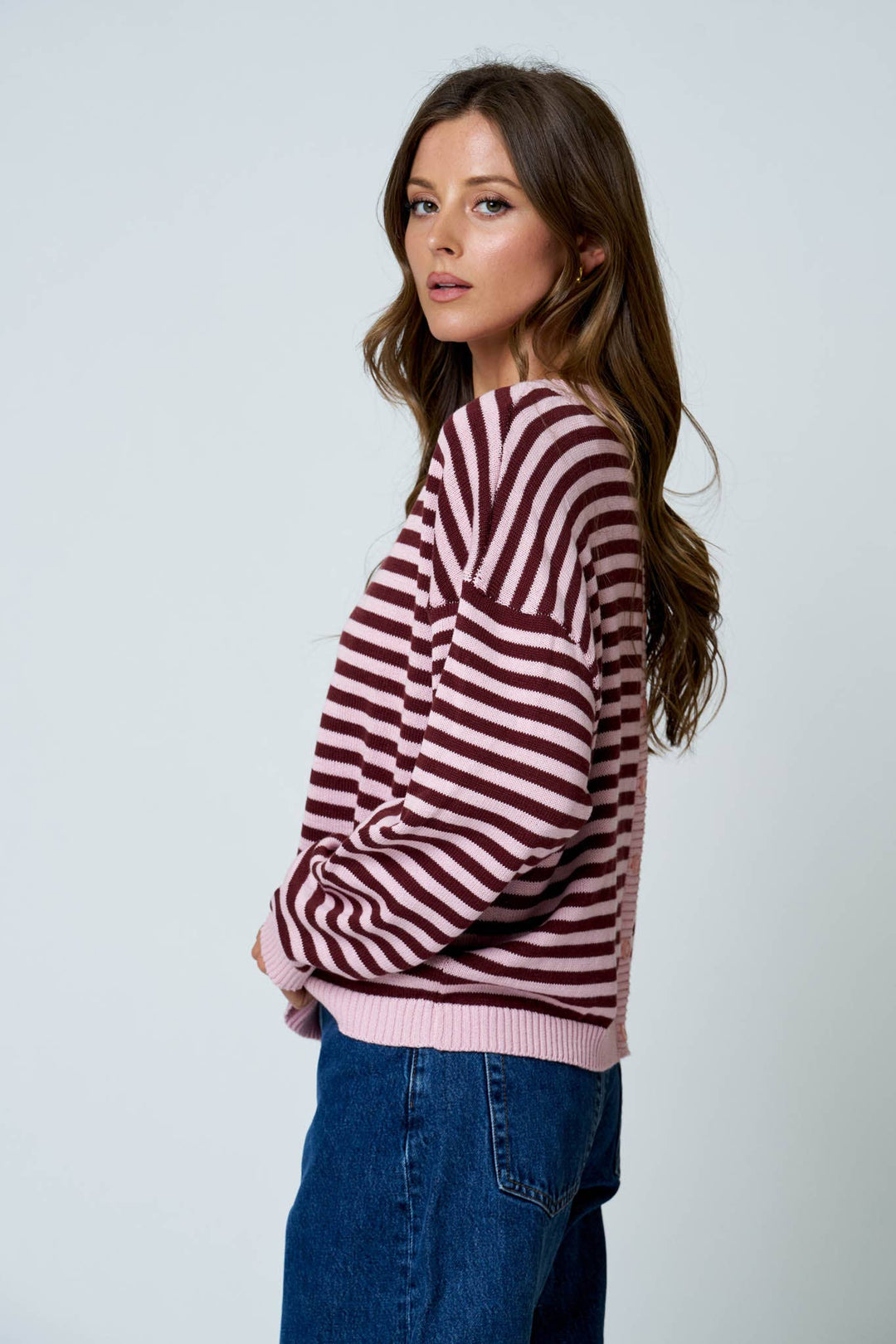 Oatmeal &amp; Brown Stripe Back Button Sweater