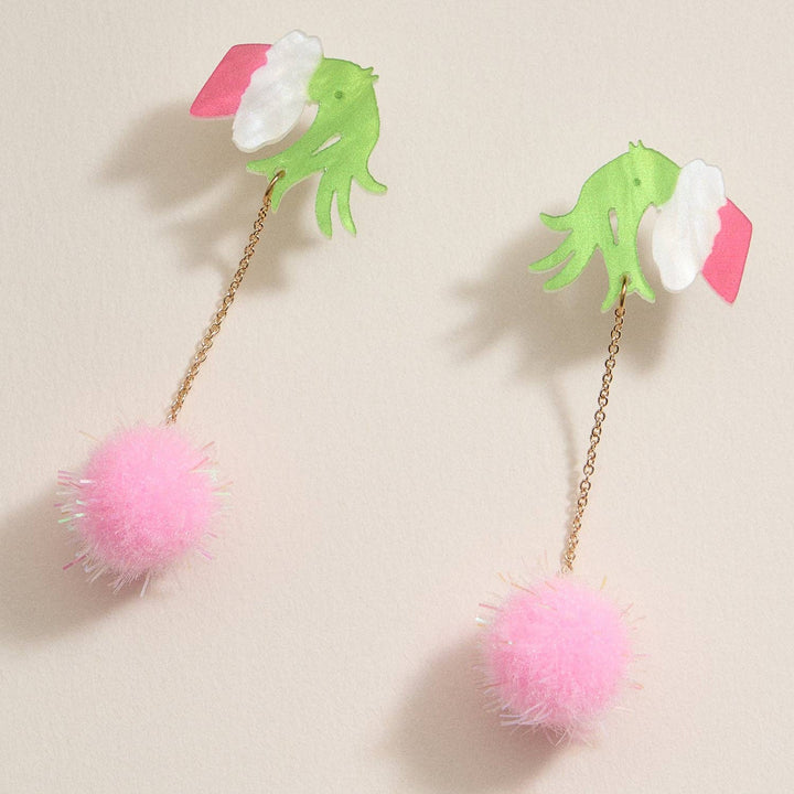 Green Monster Pom Pom Drop Earrings | Whimsical Acrylic Earrings