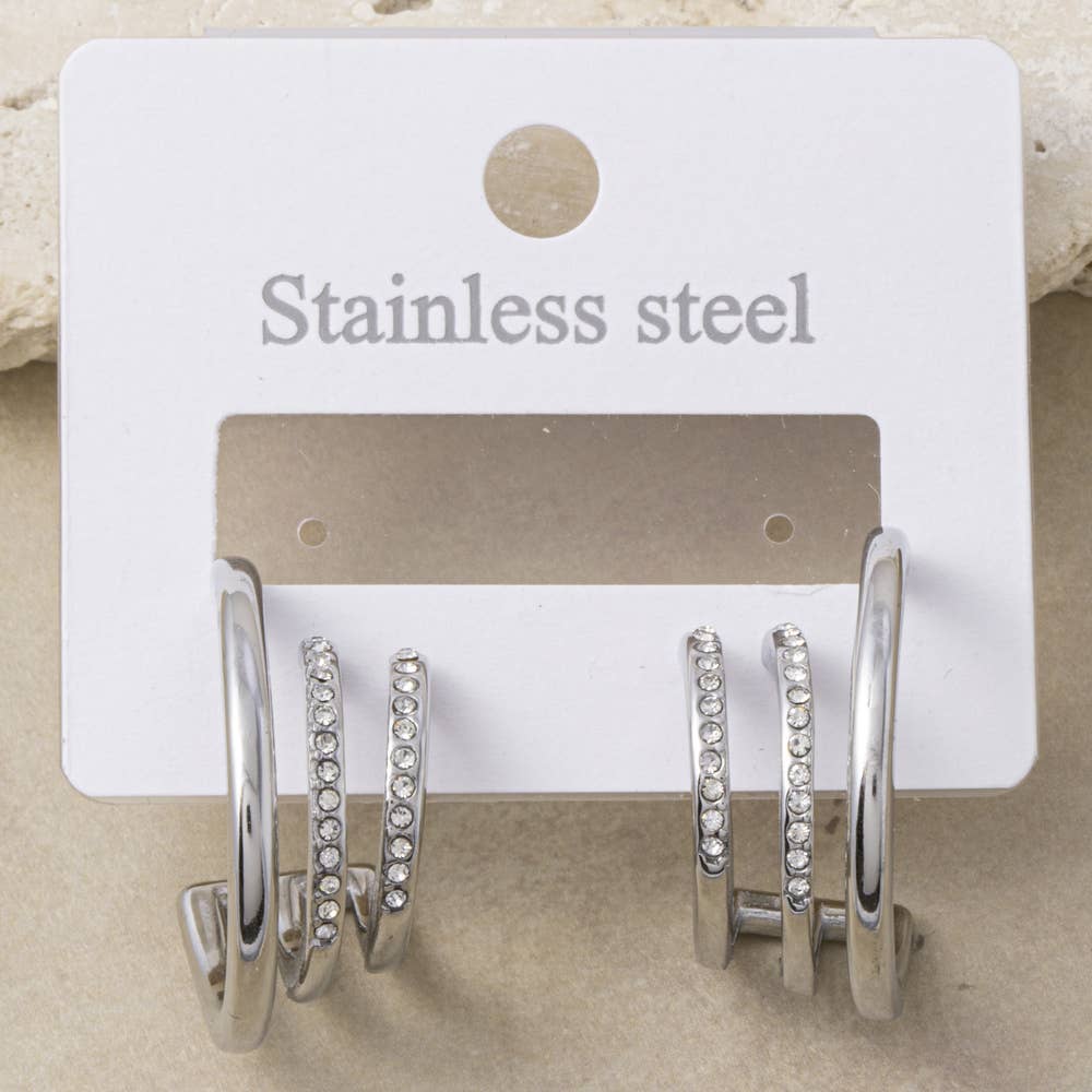 Stainless Steel Triple Band Cz Open Hoop Earrings