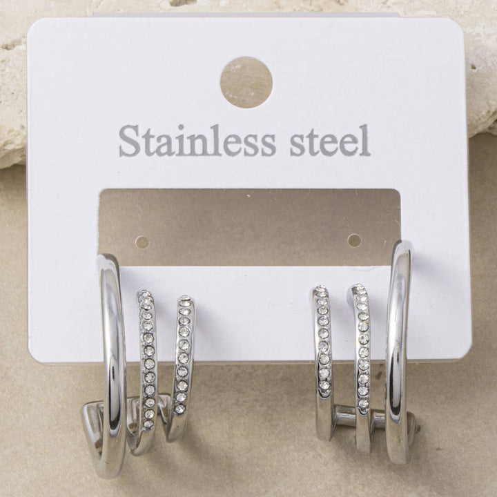 Stainless Steel Triple Band Cz Open Hoop Earrings
