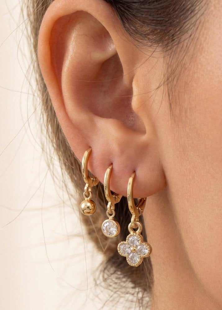 Cz Clover And Ball Charm Hoop Earring Set
