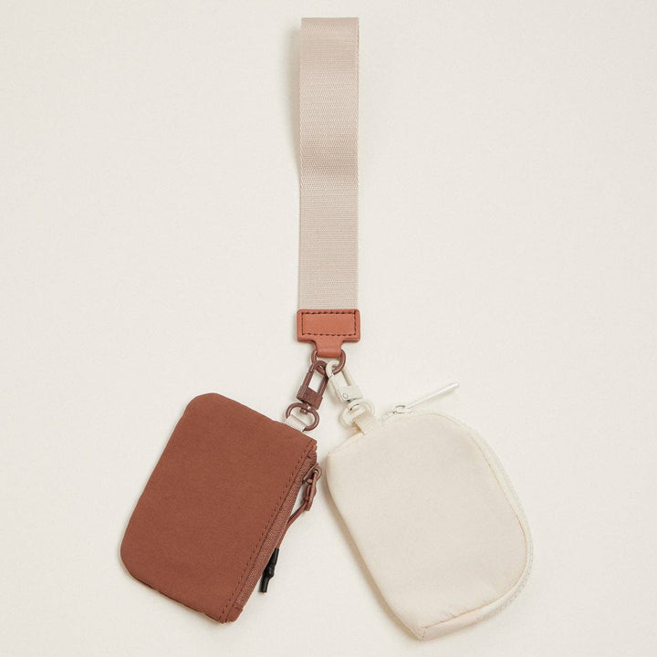 Beige Fabric Dual Pouch Wristlet Wallet | Keychain Holder