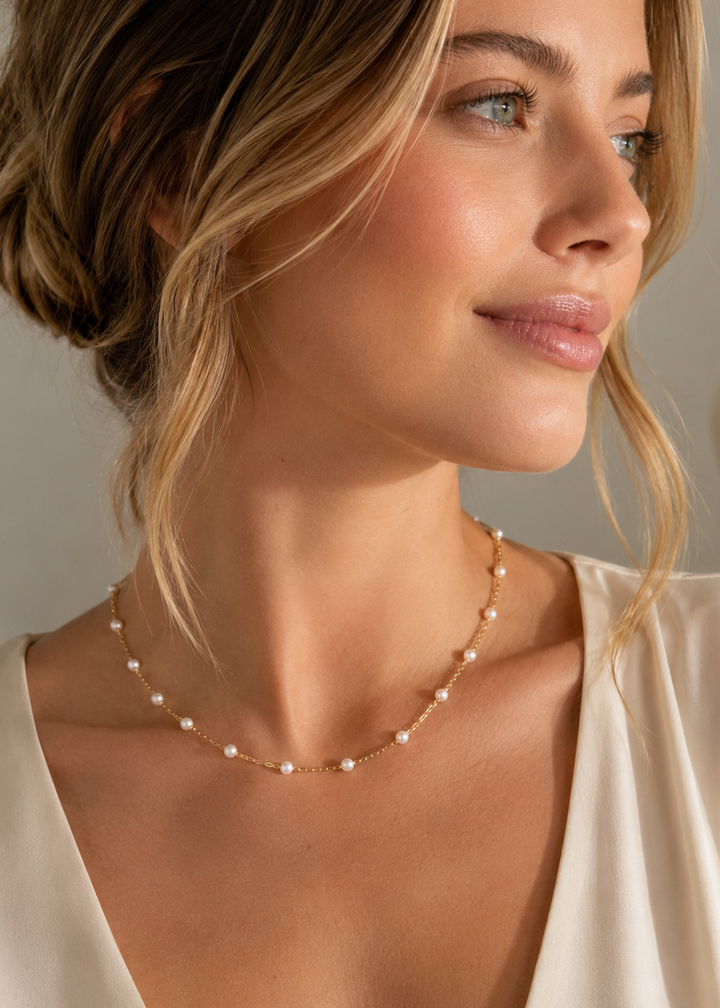 18K Gold Dipped Small Pearl Link Necklace | Timeless 2mm Pearl Link Necklace