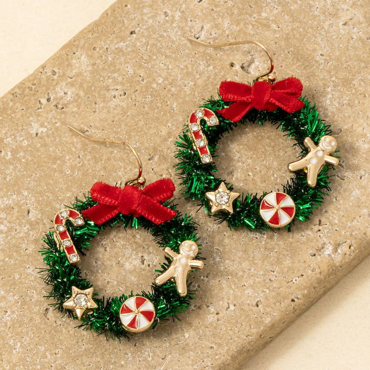 Bow Christmas Wreath Holiday Dangle Earrings