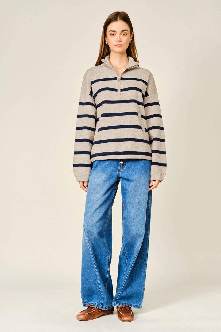 Mary Ann Striped Mock Neck Zip-Up Sweater