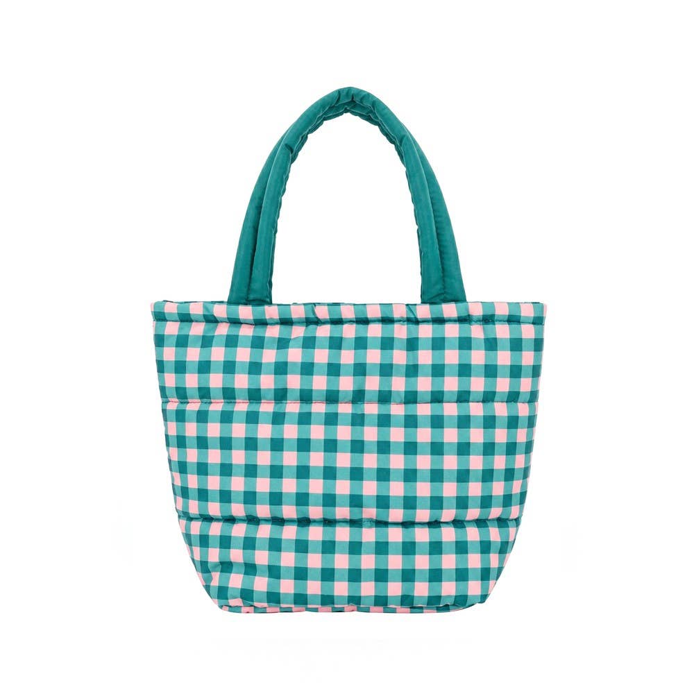 Brown Gingham Check Mini Puffer Tote Bag