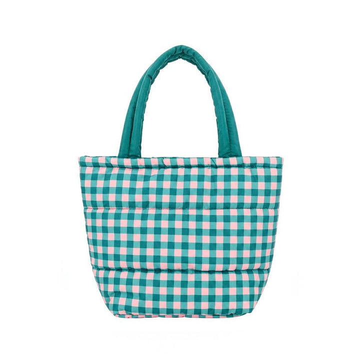 Brown Gingham Check Mini Puffer Tote Bag