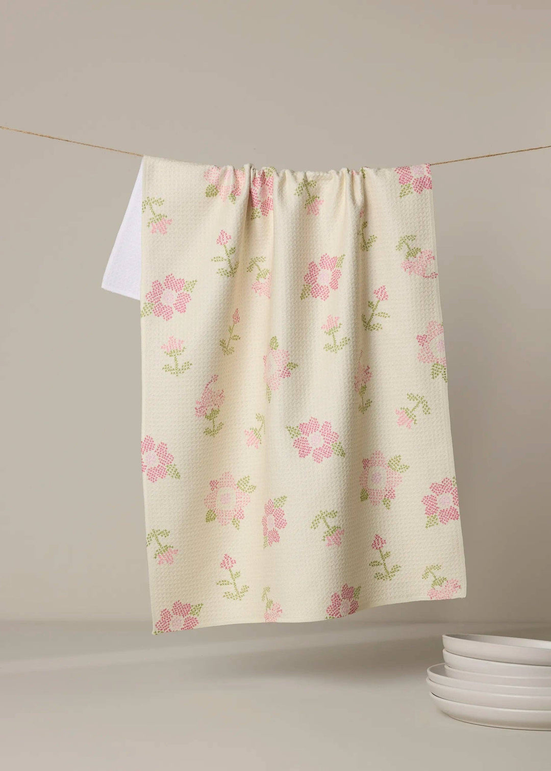 Cross Stitch Floral Yellow Tea Towel