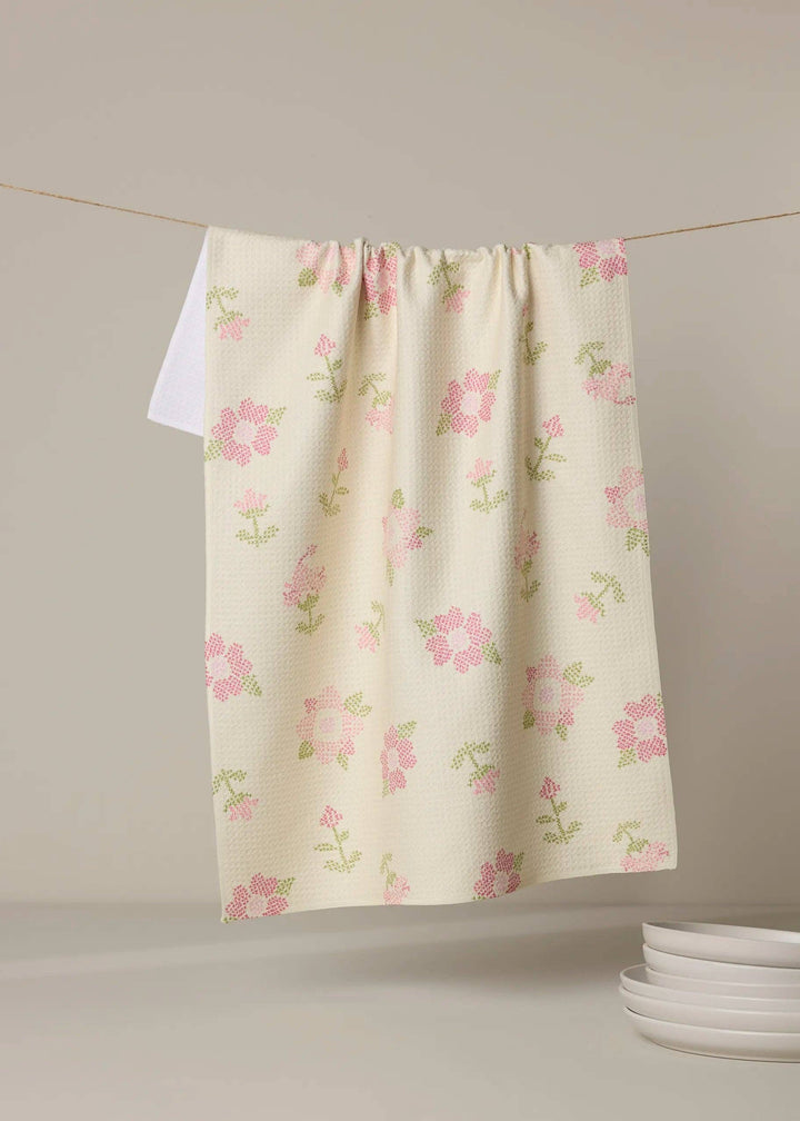 Cross Stitch Floral Yellow Tea Towel