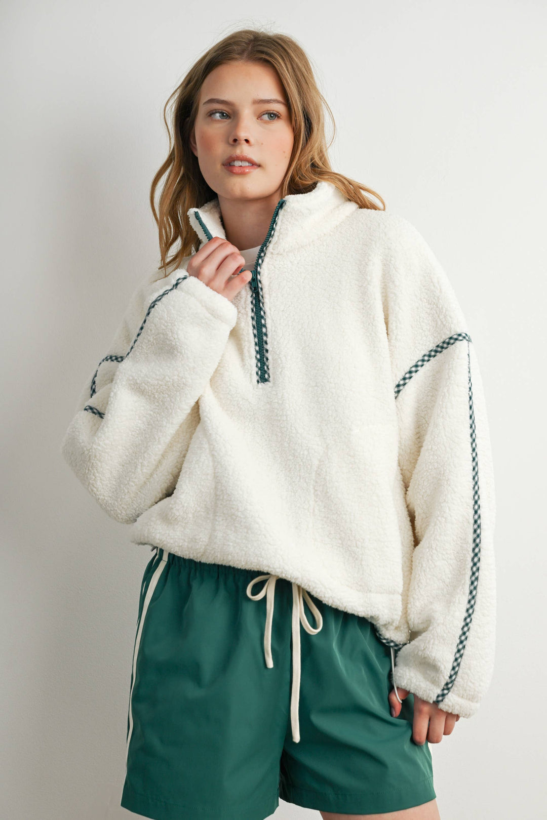 Kelly Green Trim  Sherpa Half Zip Pullover