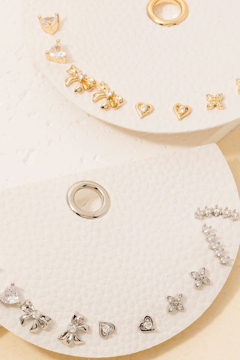 5Pc Cz Heart Clover And Ribbon Bow Stud Earrings Set