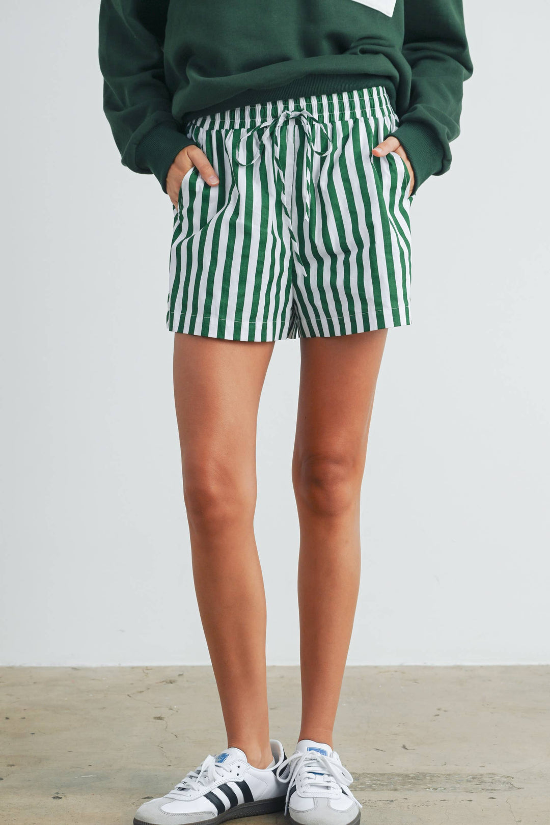 Green Striped Drawstring Pocket Boxer Shorts