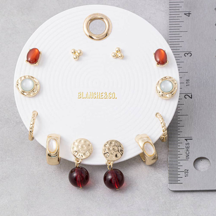 Stone Stud Huggie And Bead Drop Six Pair Earrings Set
