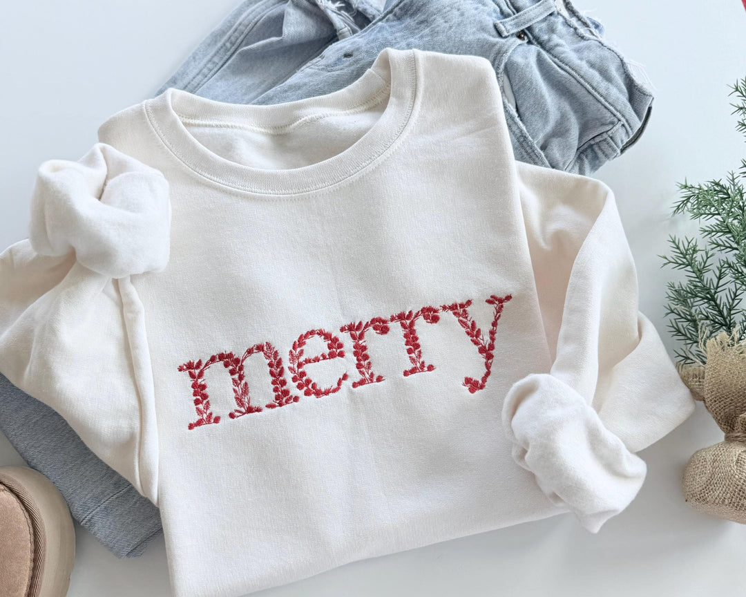 Floral Merry Christmas Embroidered Sweatshirt