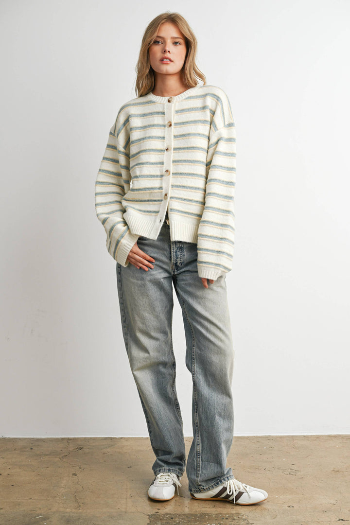 Ivory Multi Stripe Button-Up Cardigan
