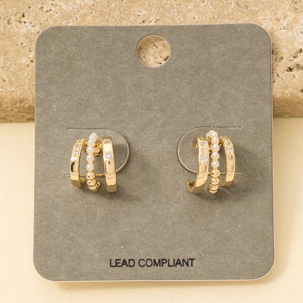 Mini Three Line Pearl Bead Hoop Earrings